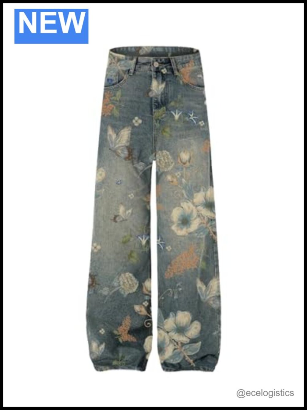 Baggy Wide Leg Floral Print Jeans Y2K Streetwear Cotton Denim Pants